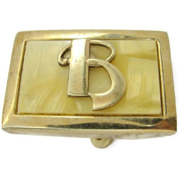 "B" Initial Signed Pioneer Vintage Belt Buckle Gold Tone MOP Small 1"x2" - Picture 2 of 10